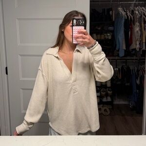 aerie Cream Waffle-Knit Henley Pullover